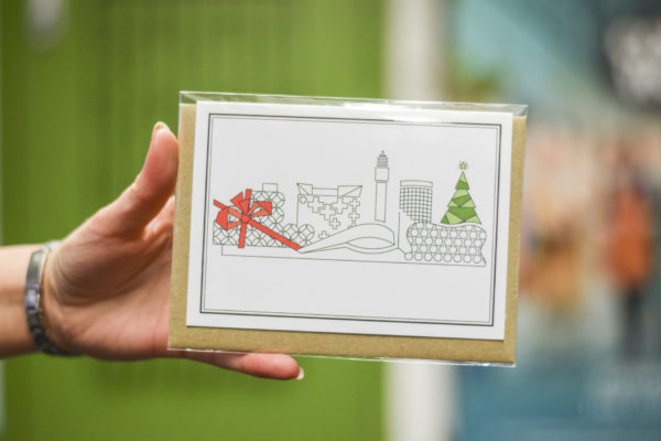 Made on the Canal Birmingham Skyline Christmas Card: Red Ribbon