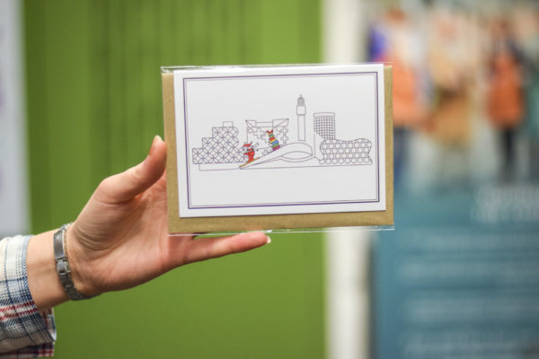 Made on the Canal Birmingham Skyline Christmas Card: Santa Skiing!
